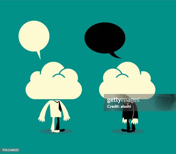 ilustrações, clipart, desenhos animados e ícones de sonhadores, dois homens de negócios com a cabeça nas nuvens, comunicando-se - problemas de comunicação