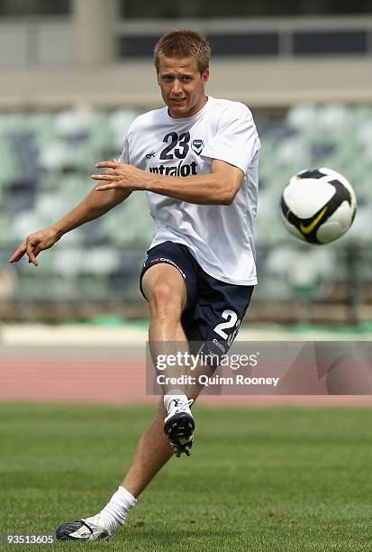 Adrian Leijer of the Victory kicks the ball during a Melbourne Victory A-League training session held at Olympic Park on December 1, 2009 in...