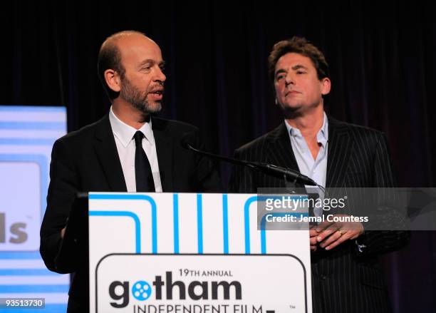 Tim Bevan and Eric Fellner of Working Title speak onstage at IFP's 19th Annual Gotham Independent Film Awards at Cipriani, Wall Street on November...