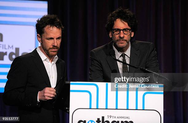 Directors Ethan Coen and Joel Coen speak onstage at IFP's 19th Annual Gotham Independent Film Awards at Cipriani, Wall Street on November 30, 2009 in...