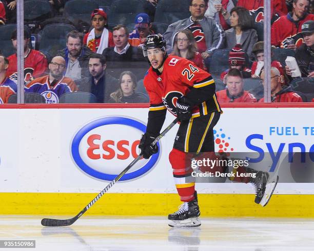 Travis Hamonic of the Calgary Flames in action against the Edmonton Oilers during an NHL game at Scotiabank Saddledome on March 13, 2018 in Calgary,...