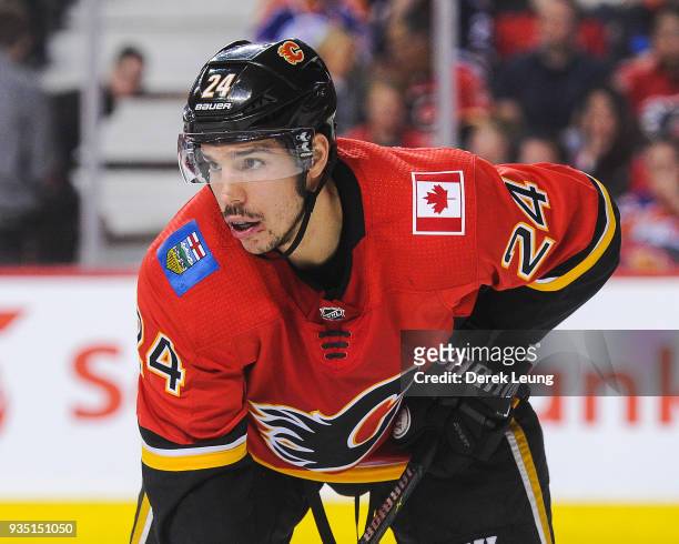 Travis Hamonic of the Calgary Flames in action against the Edmonton Oilers during an NHL game at Scotiabank Saddledome on March 13, 2018 in Calgary,...
