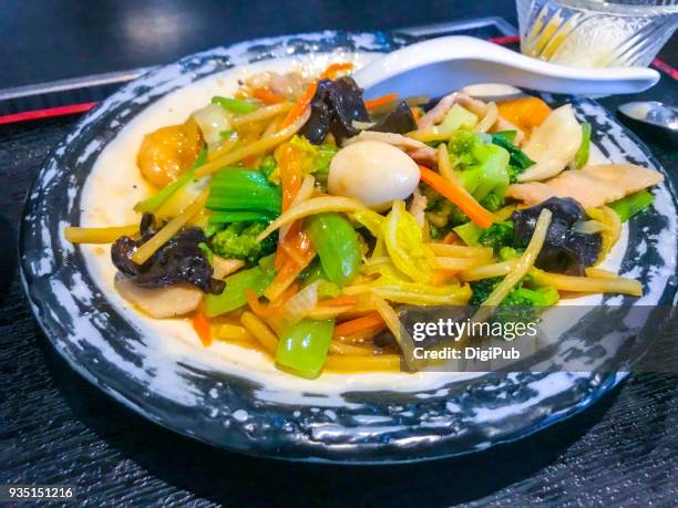 stir-fried vegetables and meat in starchy sauce (chop suey) - chop suey fotografías e imágenes de stock