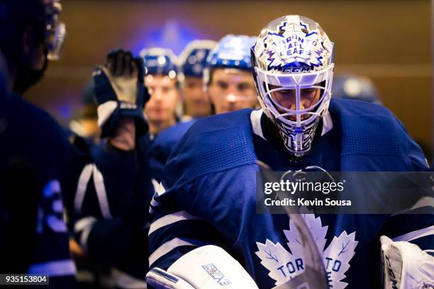 Curtis McElhinney of the Toronto Maple Leafs leaves the locker room before the third period against the Montreal Canadiens at the Air Canada Centre...