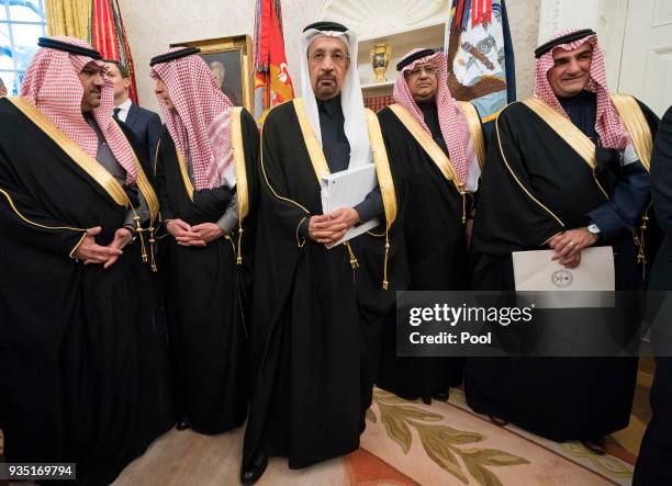 Members of the Saudi Delegation attend a meeting between President Donald Trump and Crown Prince Mohammed bin Salman of the Kingdom of Saudi Arabia...