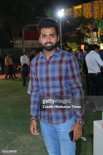 Cricketer Shivam Sharma during the wedding reception of Indian cricketer Parvinder Awana and Sangit Awana at Shiv Garden on March 10, 2018 in Greater...