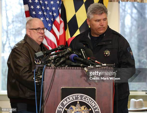 Maryland Governor Larry Hogan, , and St. Mary's Sheriff Timothy Cameron brief the media about a shooting this morning at Great Mills High School on...