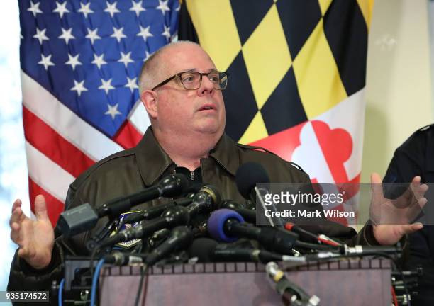 Maryland Governor Larry Hogan, briefs the media about a shooting this morning at Great Mills High School on March 20, 2018 in Great Mills, Maryland....