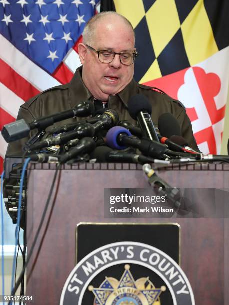 Maryland Governor Larry Hogan, briefs the media about a shooting this morning at Great Mills High School on March 20, 2018 in Great Mills, Maryland....