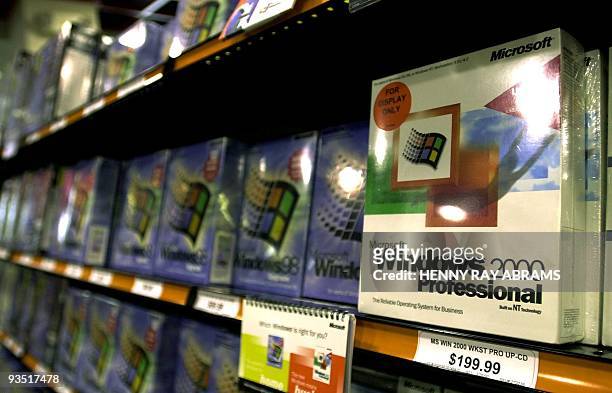 Windows 2000 Professional, the latest upgrade of Microsoft's Windows operating system, sits on a shelve at a computer store in New York 03 April 2000...