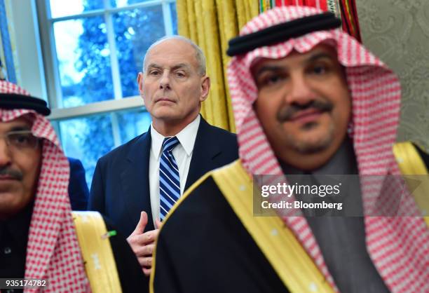 John Kelly, White House chief of staff, center, listens during a meeting with U.S. President Donald Trump and Mohammed bin Salman, Saudi Arabia's...