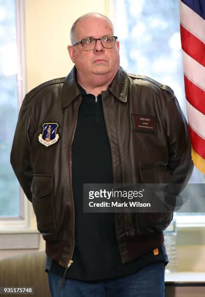 Maryland Governor Larry Hogan, attends a briefing about the shooting this morning at Great Mills High School on March 20, 2018 in Great Mills,...
