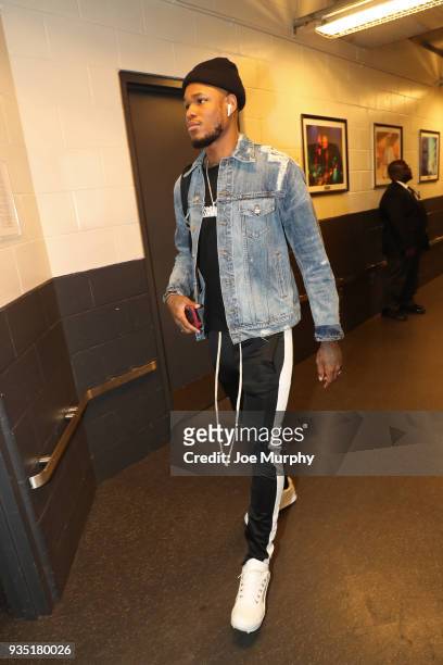 Ben McLemore of the Memphis Grizzlies arrives at the arena before the game against the Brooklyn Nets on March 19, 2018 at Barclays Center in...