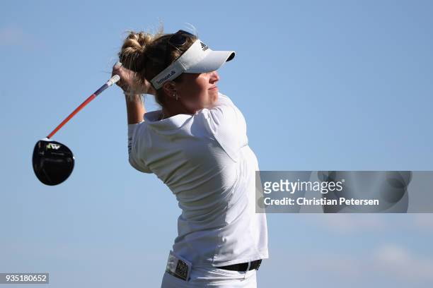 Nanna Koerstz Madsen of Denmark plays a tee shot on the 18th hole during the third round of the Bank Of Hope Founders Cup at Wildfire Golf Club on...