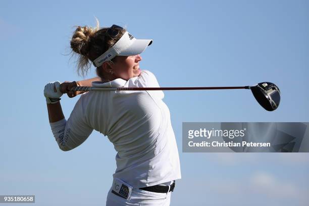 Nanna Koerstz Madsen of Denmark plays a tee shot on the 18th hole during the third round of the Bank Of Hope Founders Cup at Wildfire Golf Club on...
