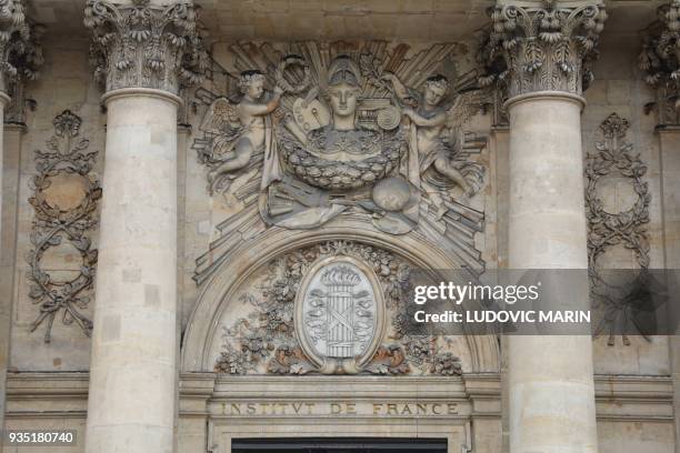 The front entrance of the French Institute is pictured on March 20, 2018 in Paris before French President unveil his strategy to promote French...