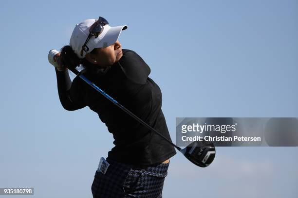 Lee Lopez plays a tee shot on the 18th hole during the third round of the Bank Of Hope Founders Cup at Wildfire Golf Club on March 17, 2018 in...