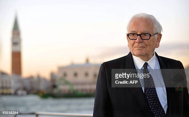 French fashion designer Pierre Cardin arrives in Venice on November 3, 2009 to attend a concert on the occasion of the donation by the Bruni family...