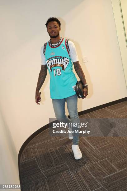 Ben McLemore of the Memphis Grizzlies arrives at the arena before the game against the Denver Nuggets on March 17, 2018 at FedExForum in Memphis,...