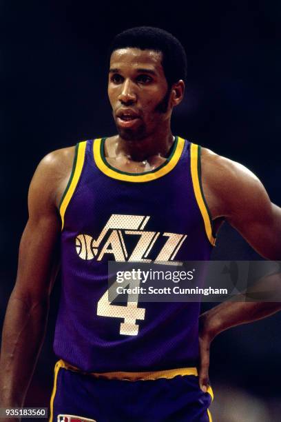 Adrian Dantley of the Utah Jazz looks on circa 1980 at the Omni in Atlanta, Georgia. NOTE TO USER: User expressly acknowledges and agrees that, by...