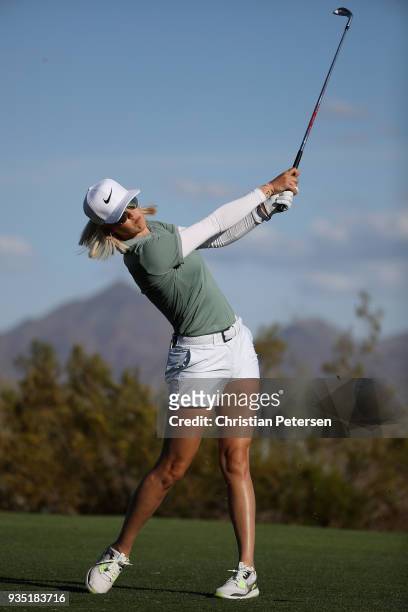 Michelle Wie plays a tee shot on the 17th hole during the third round of the Bank Of Hope Founders Cup at Wildfire Golf Club on March 17, 2018 in...