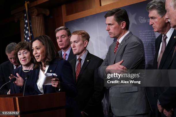 Sen. Kamala Harris speaks as Chairman of Senate Intelligence Committee Sen. Richard Burr , Sen. Susan Collins , committee Vice Chairman Sen. Mark...