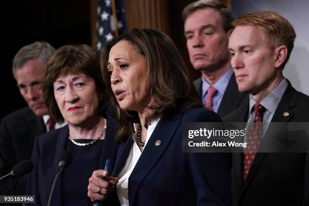 Sen. Kamala Harris speaks as Chairman of Senate Intelligence Committee Sen. Richard Burr , Sen. Susan Collins , committee Vice Chairman Sen. Mark...