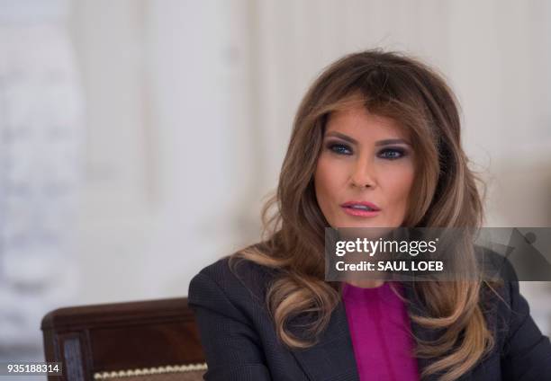 First Lady Melania Trump holds a roundtable discussion on cyber safety with technology leaders in the State Dining Room of the White House in...