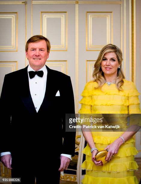 King Willem-Alexander of The Netherlands and Queen Maxima of The Netherlands pose for the official picture ahead the official dinner for the King and...