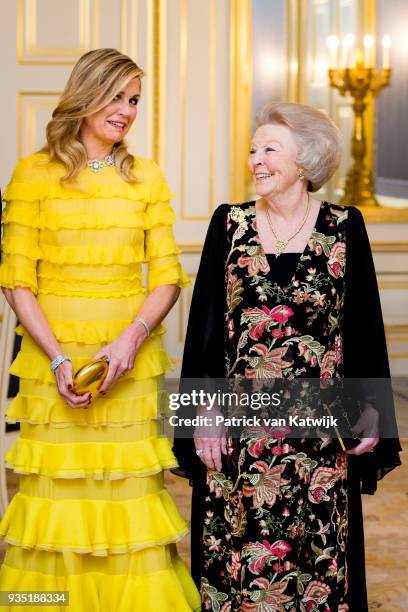 Queen Maxima of The Netherlands and Princess Beatrix of the Netherlands pose for the official picture ahead the official dinner for the King and...