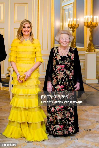 Queen Maxima of The Netherlands and Princess Beatrix of the Netherlands pose for the official picture ahead the official dinner for the King and...