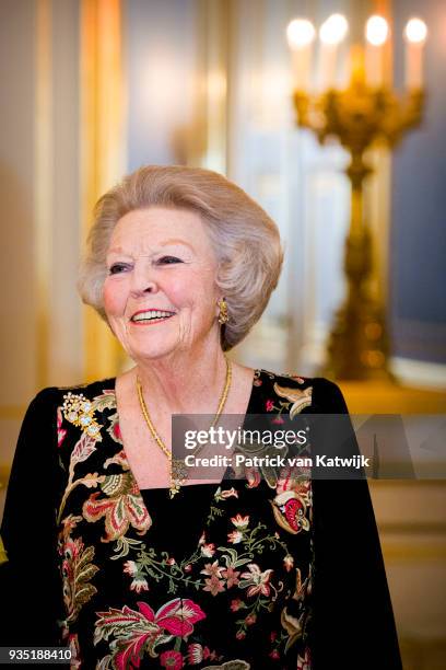 Princess Beatrix of the Netherlands poses for the official picture ahead the official dinner for the King and Queen of Jordan at Palace Noordeinde on...