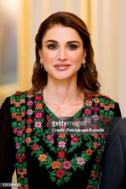 Queen Rania of Jordan poses for the official picture ahead the official dinner for the King and Queen of Jordan at Palace Noordeinde on March 20,...