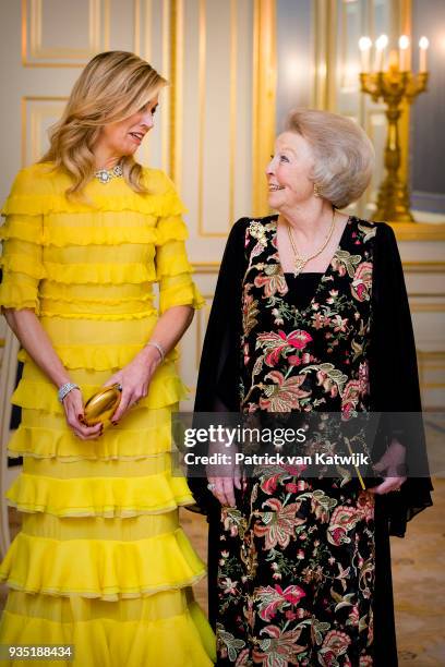 Queen Maxima of The Netherlands and Princess Beatrix of the Netherlands pose for the official picture ahead the official dinner for the King and...