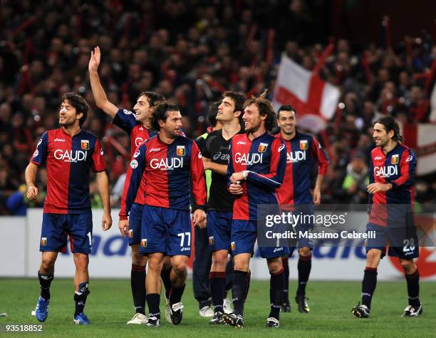 Players of Genoa CFC celebrate the victory after the Serie A match between Genoa CFC and UC Sampdoria at Stadio Luigi Ferraris on November 28, 2009...