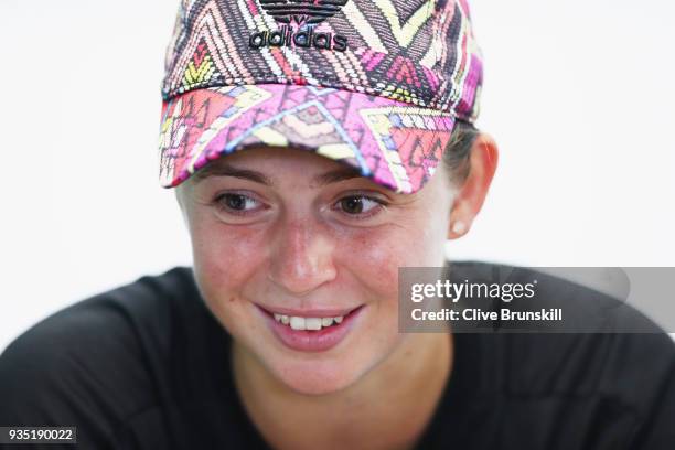 Jelena Ostapenko of Latvia speaks to the press at the media all access hour during the Miami Open Presented by Itau at Crandon Park Tennis Center on...