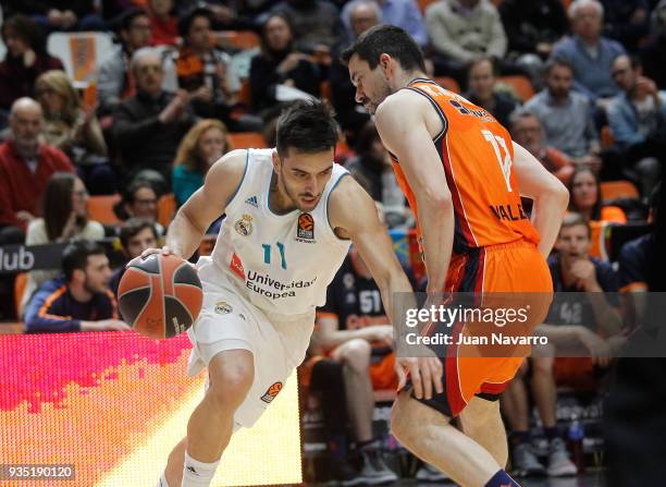 Facundo Campazzo, #11 of Real Madrid in action during the 2017/2018 Turkish Airlines EuroLeague Regular Season Round 27 game between Valencia Basket...