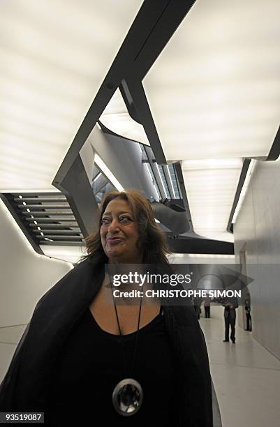 English and Iraqi architect Zaha Hadid arrives at the National Museum of the XXI Century Arts, the Maxxi, during the architectural preview on the...