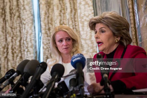 Rocxanne Deschamps and her attorney Gloria Allred hold a press conference at the Lotte New York Palace Hotel, March 20, 2018 in New York City....