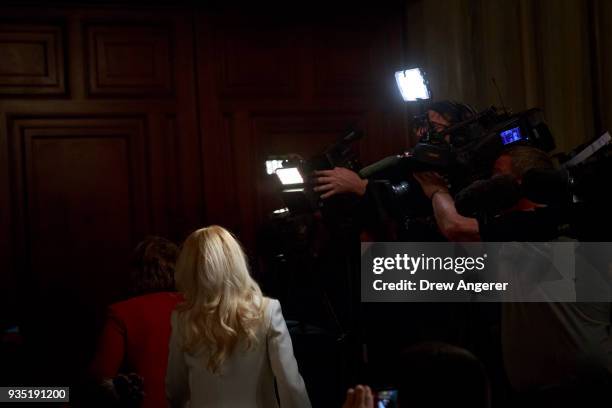 Rocxanne Deschamps leaves a press conference at the Lotte New York Palace Hotel, March 20, 2018 in New York City. Deschamps was the neighbor of...