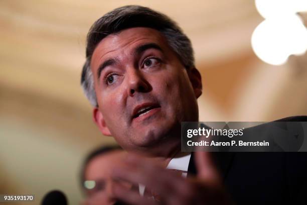 Sen. Cory Gardner speaks with reporters following the weekly policy luncheons on Capitol Hill March 20, 2018 in Washington, DC. Congress faces a...