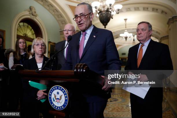 Senate Minority Leader Chuck Schumer, accompanied by Sen. Patty Murray , Sen. Patrick Leahy and Sen. Dick Durbin , speaks with reporters following...