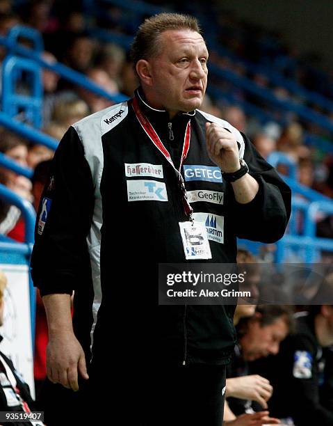 Head coach Michael Biegler of Magdeburg reacts during the Toyota Handball Bundesliga match between TV Grosswallstadt and SC Magdeburg at the f.a.n....