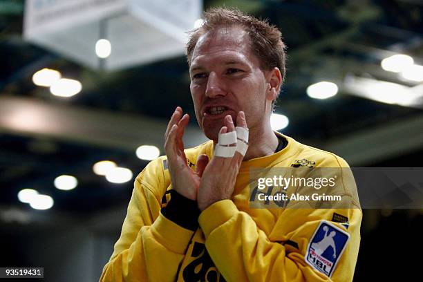 Goalkeeper Mattias Andersson of Grosswallstadt reacts during the Toyota Handball Bundesliga match between TV Grosswallstadt and SC Magdeburg at the...