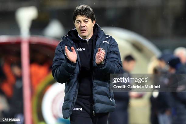 Luciano Foschi manager of AS Livorno Calcio gestures during the Serie C match between AS Livorno and AC Siena on March 20, 2018 in Livorno, Italy.