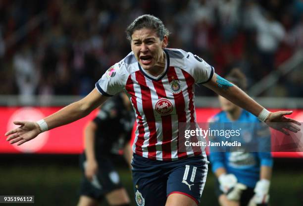 Brenda Viramontes del Chivas celebrates during the Final match between Chivas and Pachuca as part of the Torneo Apertura 2017 Liga MX Femenil at...