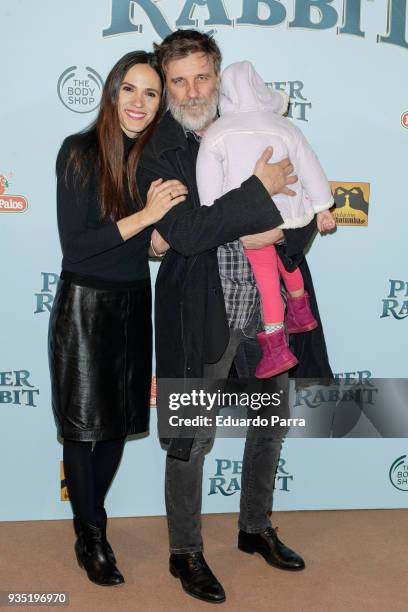 Actress Laia Alemany, actor Armando del Rio and son attend the 'Peter Rabbit' premiere at Capitol cinema on March 20, 2018 in Madrid, Spain.