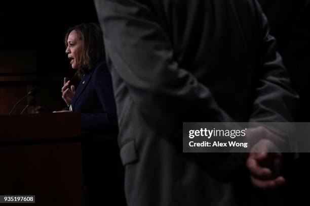 Sen. Kamala Harris speaks during a news conference at the Capitol March 20, 2018 in Washington, DC. Senate Intelligence Committee held a news...