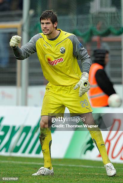 Goalkeeper Thorsten Kirschbaum of Sandhausen gestures during the 3. Liga match between Kickers Offenbach and SV Sandhausen at the Bieberer Berg...