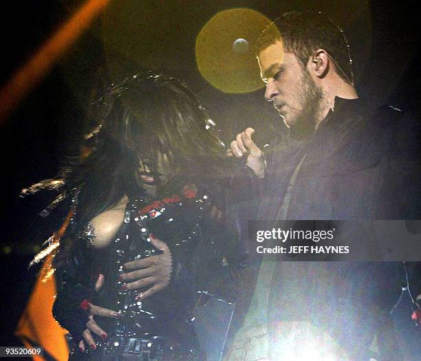 File photo dated 01 February 2004 shows US singer Janet Jackson with her breast exposed while singing with Justin Timberlake during the half-time of...